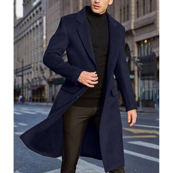 Men's  Dark Blue Slim Fit Notched Collar Long Casual Trench Coat with Pocket - Picture 2 of 6